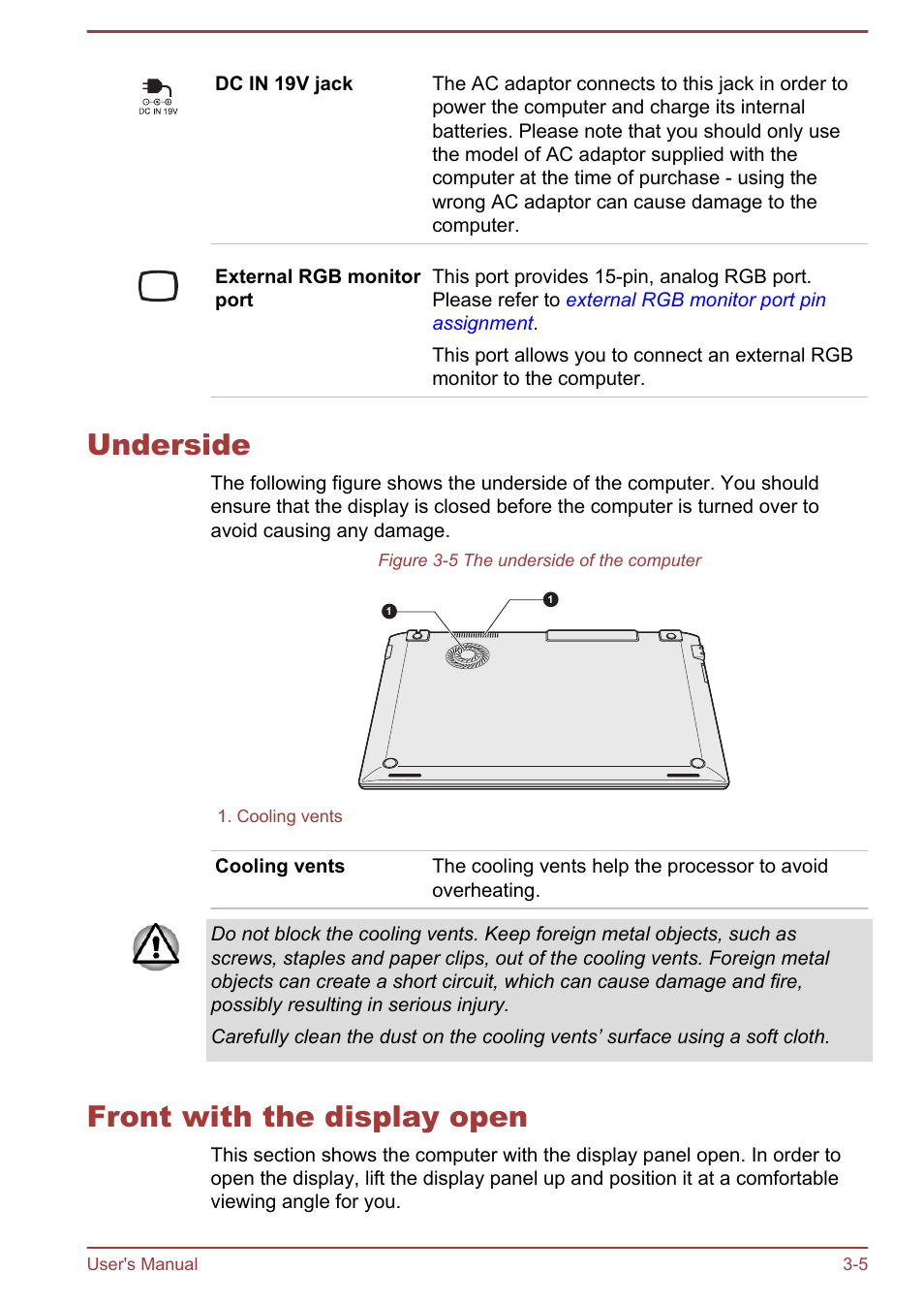 Underside, Front with the display open, Underside -5 front with the display open -5 | Toshiba Portege Z930-E User Manual | Page 44 / 131