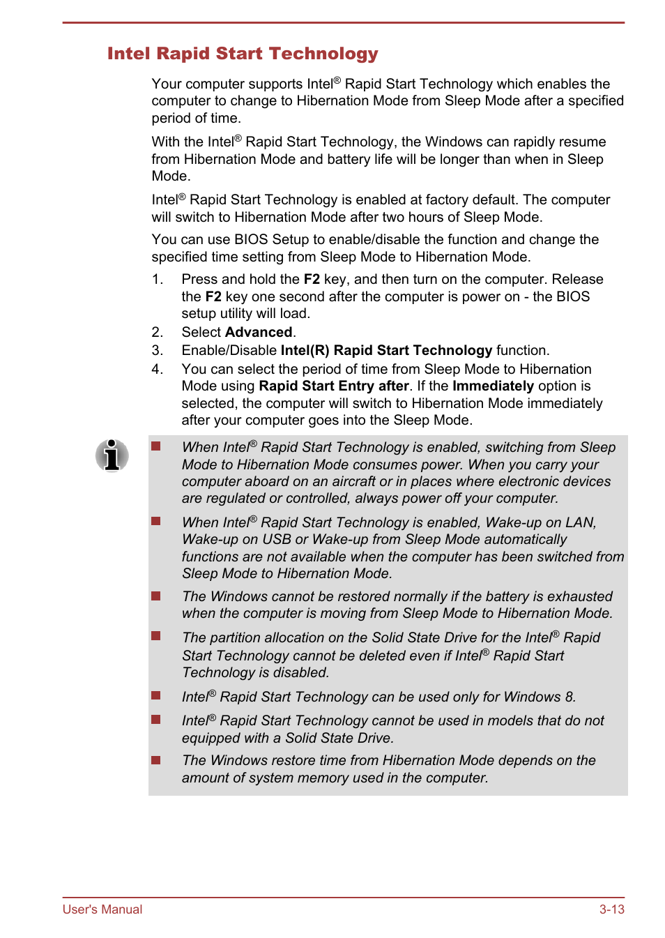 Intel rapid start technology | Toshiba Portege Z930-E User Manual | Page 52 / 131