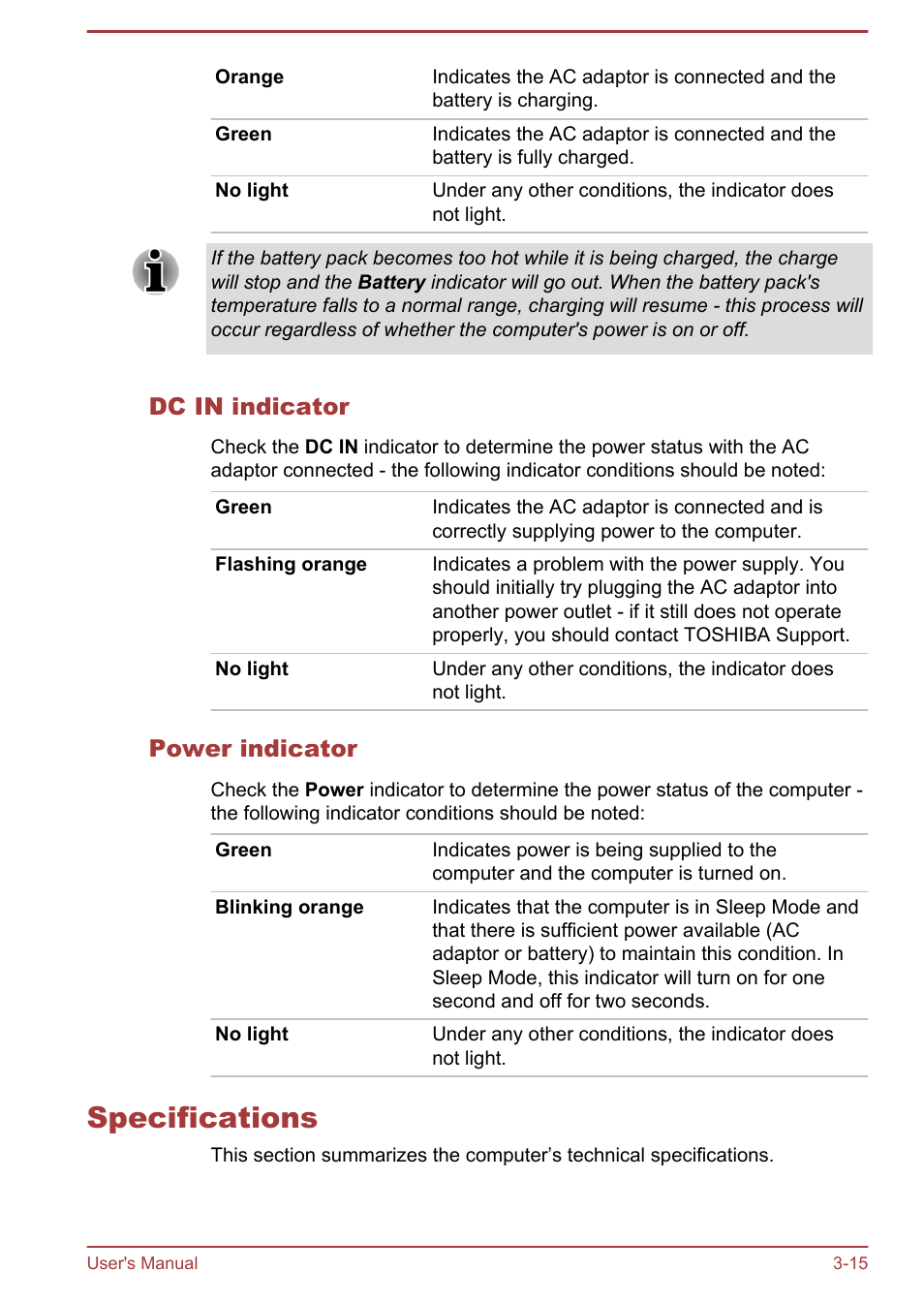 Dc in indicator, Power indicator, Specifications | Specifications -15 | Toshiba Portege Z930-E User Manual | Page 54 / 131