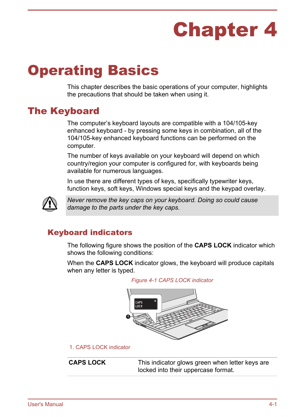 Chapter 4 operating basics, The keyboard, Keyboard indicators | Chapter 4, Operating basics, The keyboard -1, Second, 1000base-t). refer to, Operating, Basics, For details | Toshiba Portege Z930-E User Manual | Page 58 / 131