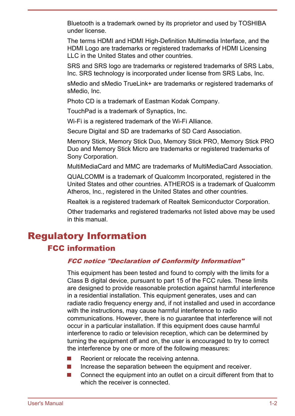 Regulatory information, Fcc information, Regulatory information -2 | Toshiba Portege Z930-E User Manual | Page 6 / 131