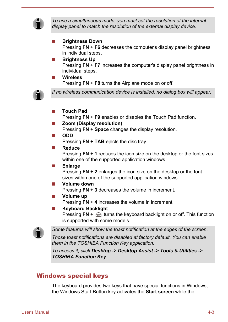Windows special keys | Toshiba Portege Z930-E User Manual | Page 60 / 131