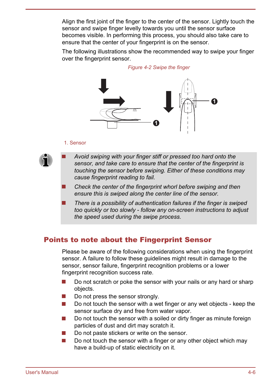 Points to note about the fingerprint sensor | Toshiba Portege Z930-E User Manual | Page 63 / 131