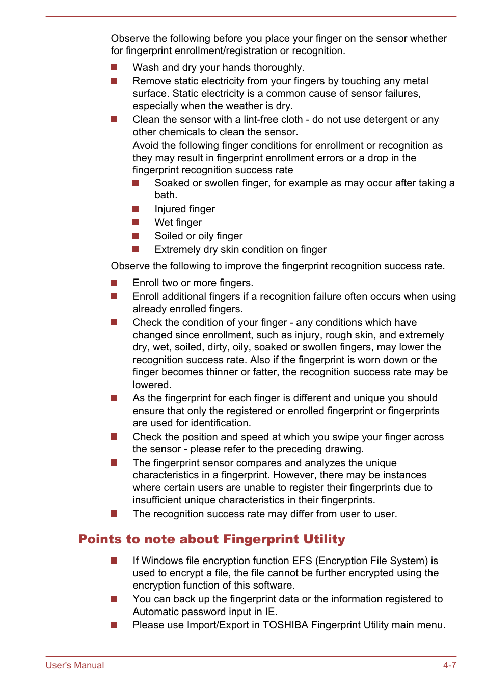 Points to note about fingerprint utility | Toshiba Portege Z930-E User Manual | Page 64 / 131