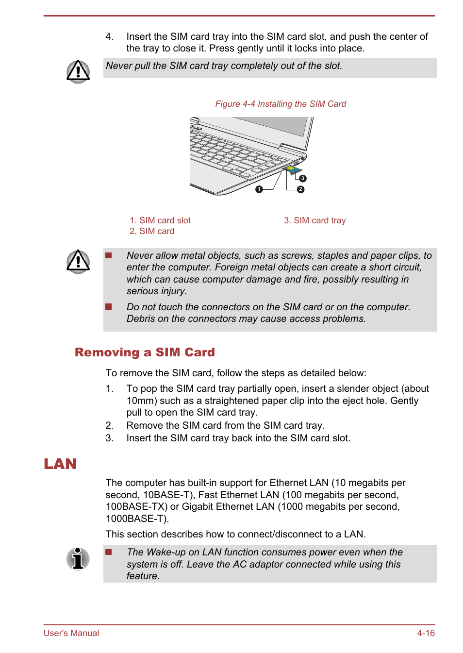 Removing a sim card, Lan -16 | Toshiba Portege Z930-E User Manual | Page 73 / 131