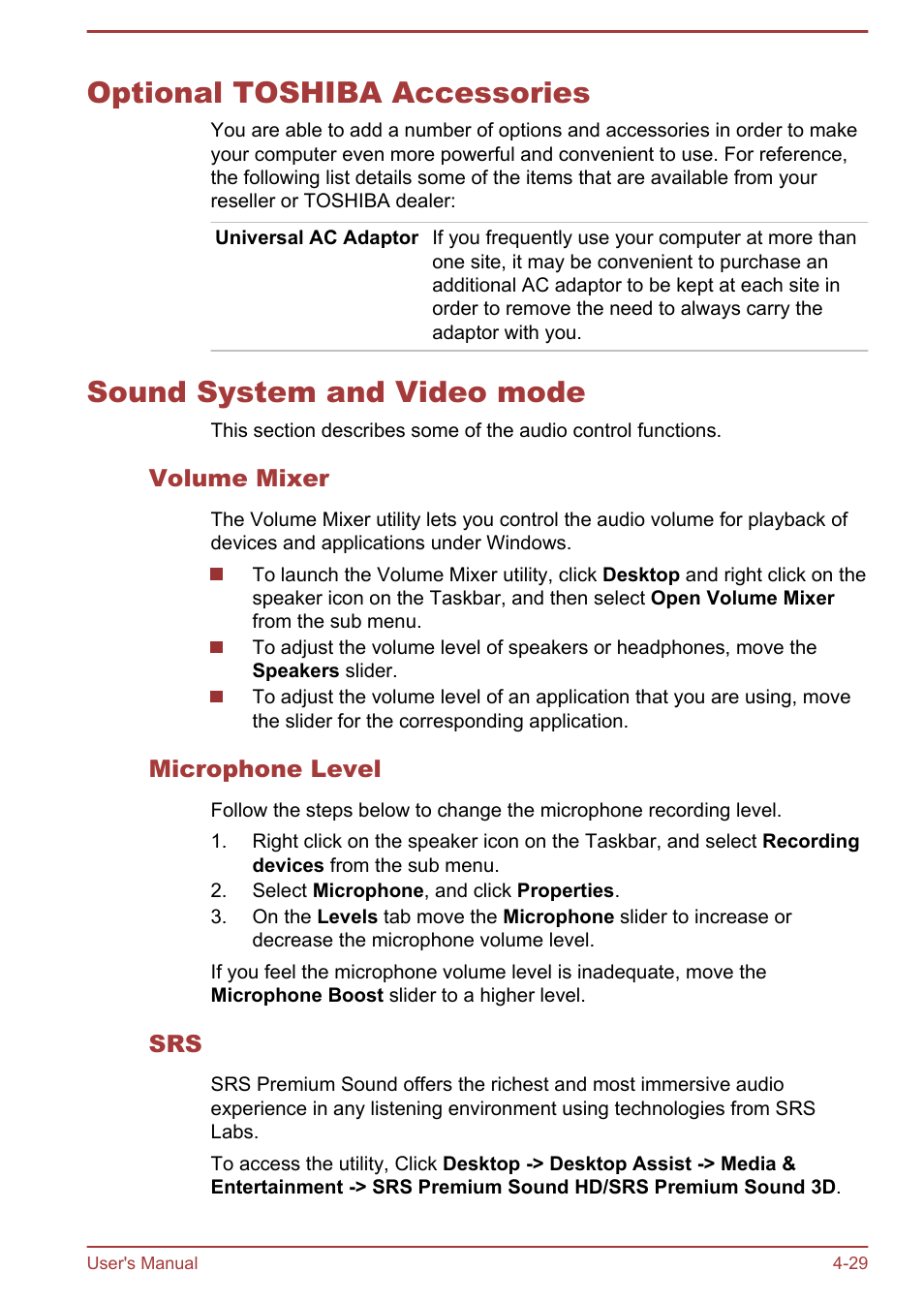 Optional toshiba accessories, Sound system and video mode, Volume mixer | Microphone level, Optional toshiba accessories -29, Sound system and video mode -29, To the | Toshiba Portege Z930-E User Manual | Page 86 / 131