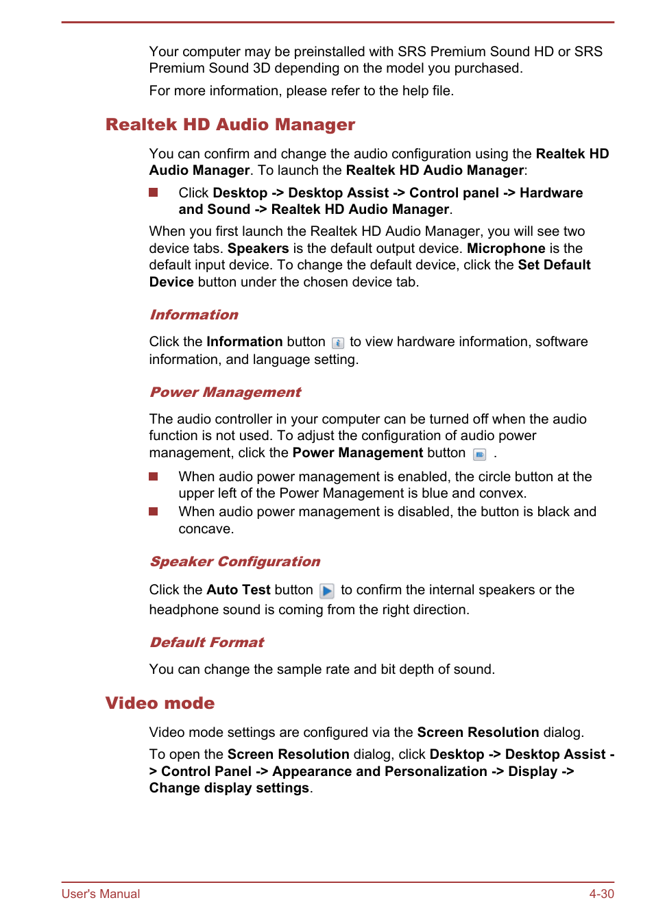 Realtek hd audio manager, Video mode | Toshiba Portege Z930-E User Manual | Page 87 / 131