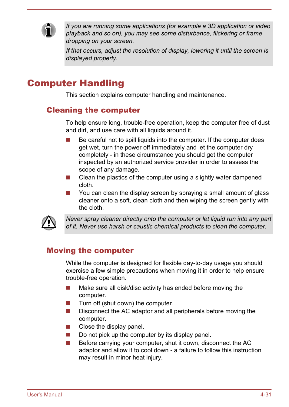 Computer handling, Cleaning the computer, Moving the computer | Computer handling -31 | Toshiba Portege Z930-E User Manual | Page 88 / 131