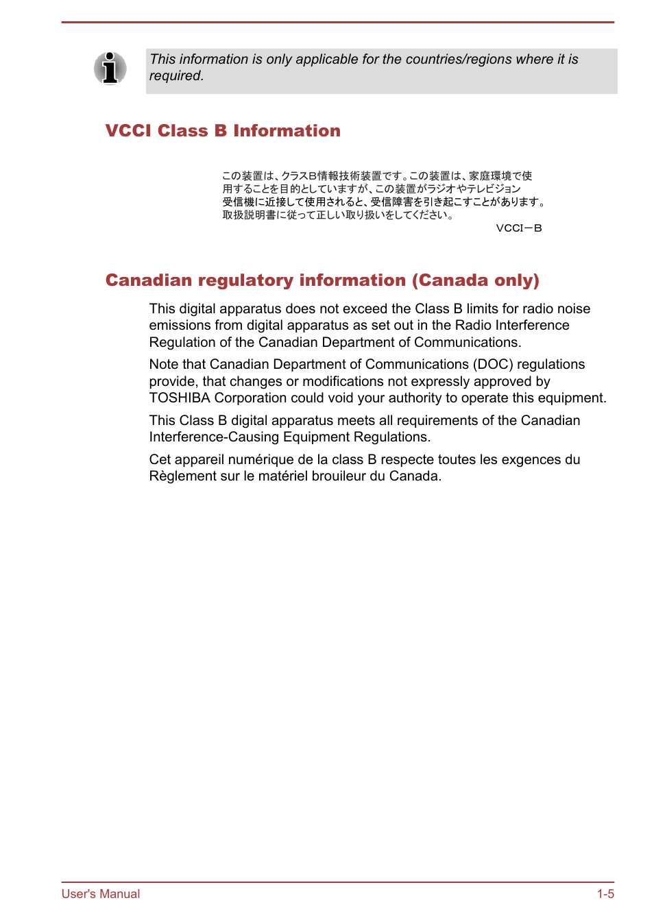 Vcci class b information, Canadian regulatory information (canada only) | Toshiba Portege Z930-E User Manual | Page 9 / 131