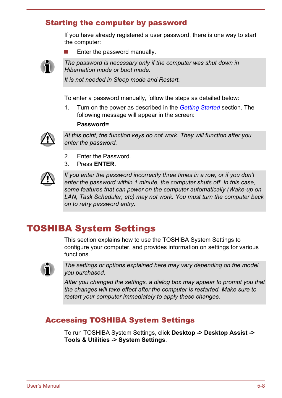Starting the computer by password, Toshiba system settings, Accessing toshiba system settings | Toshiba system settings -8 | Toshiba Portege Z930-E User Manual | Page 97 / 131