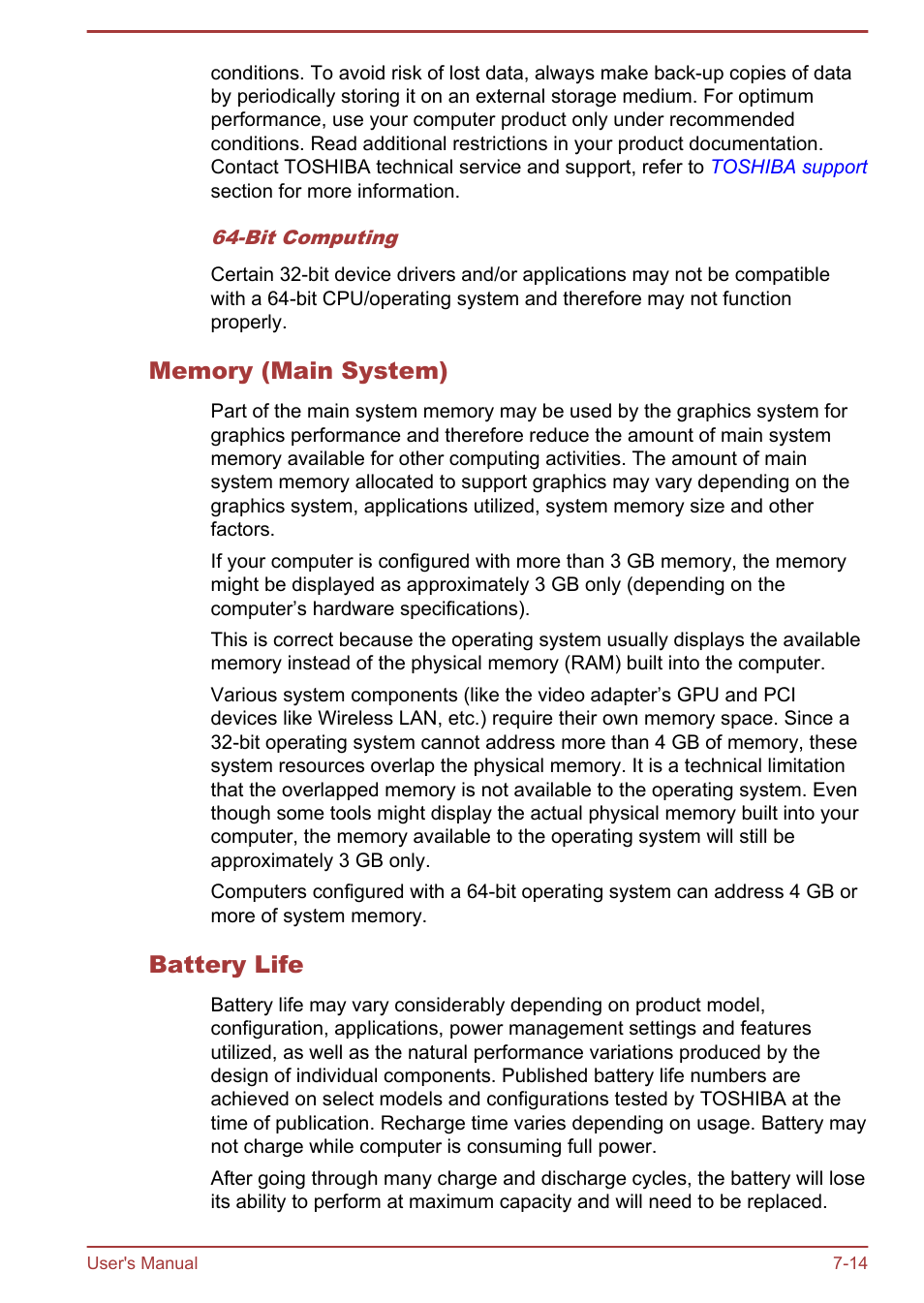 Memory (main system), Battery life | Toshiba Satellite C55-A User Manual | Page 130 / 134