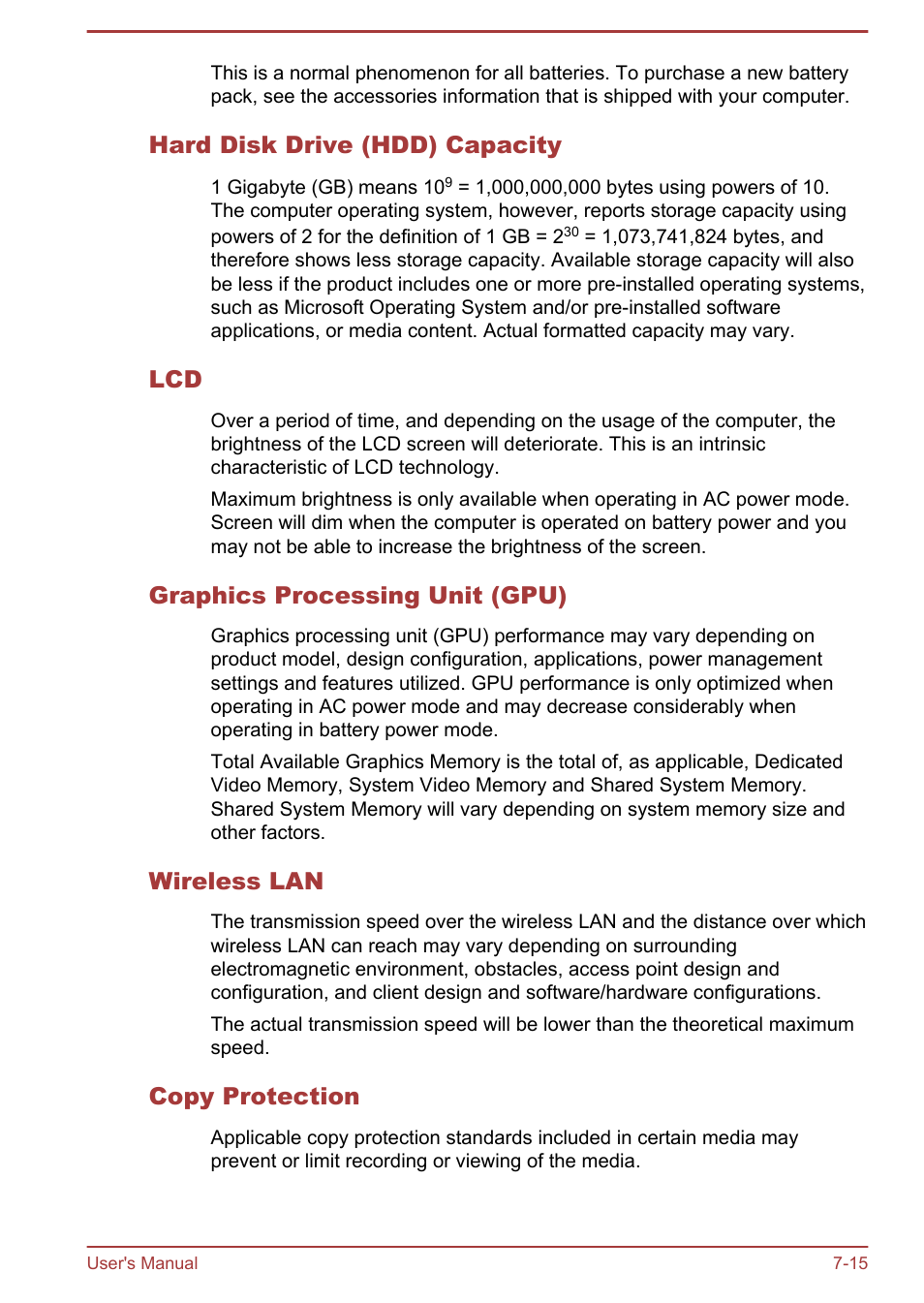 Hard disk drive (hdd) capacity, Graphics processing unit (gpu), Wireless lan | Copy protection | Toshiba Satellite C55-A User Manual | Page 131 / 134