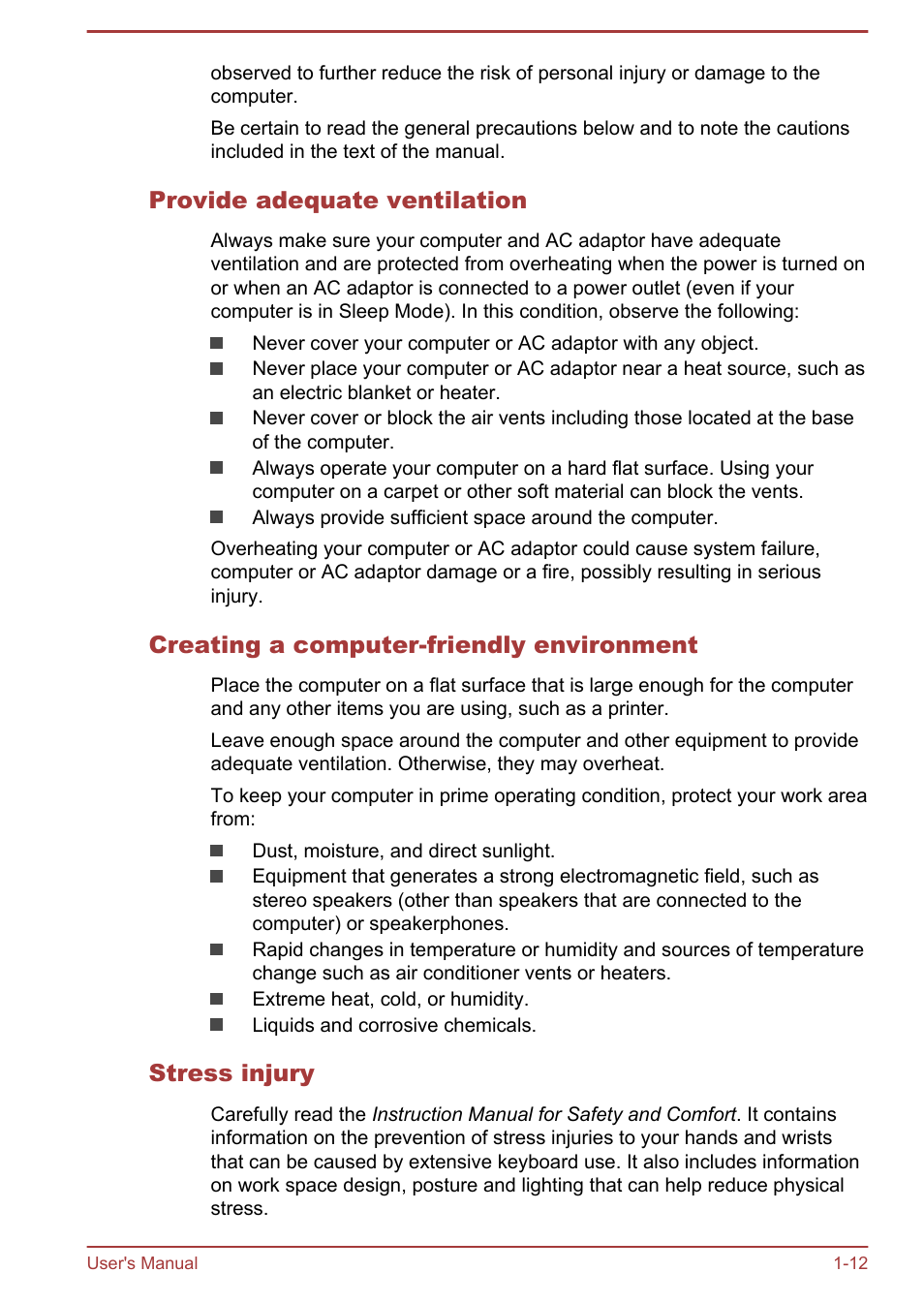 Provide adequate ventilation, Creating a computer-friendly environment, Stress injury | Toshiba Satellite C55-A User Manual | Page 15 / 134