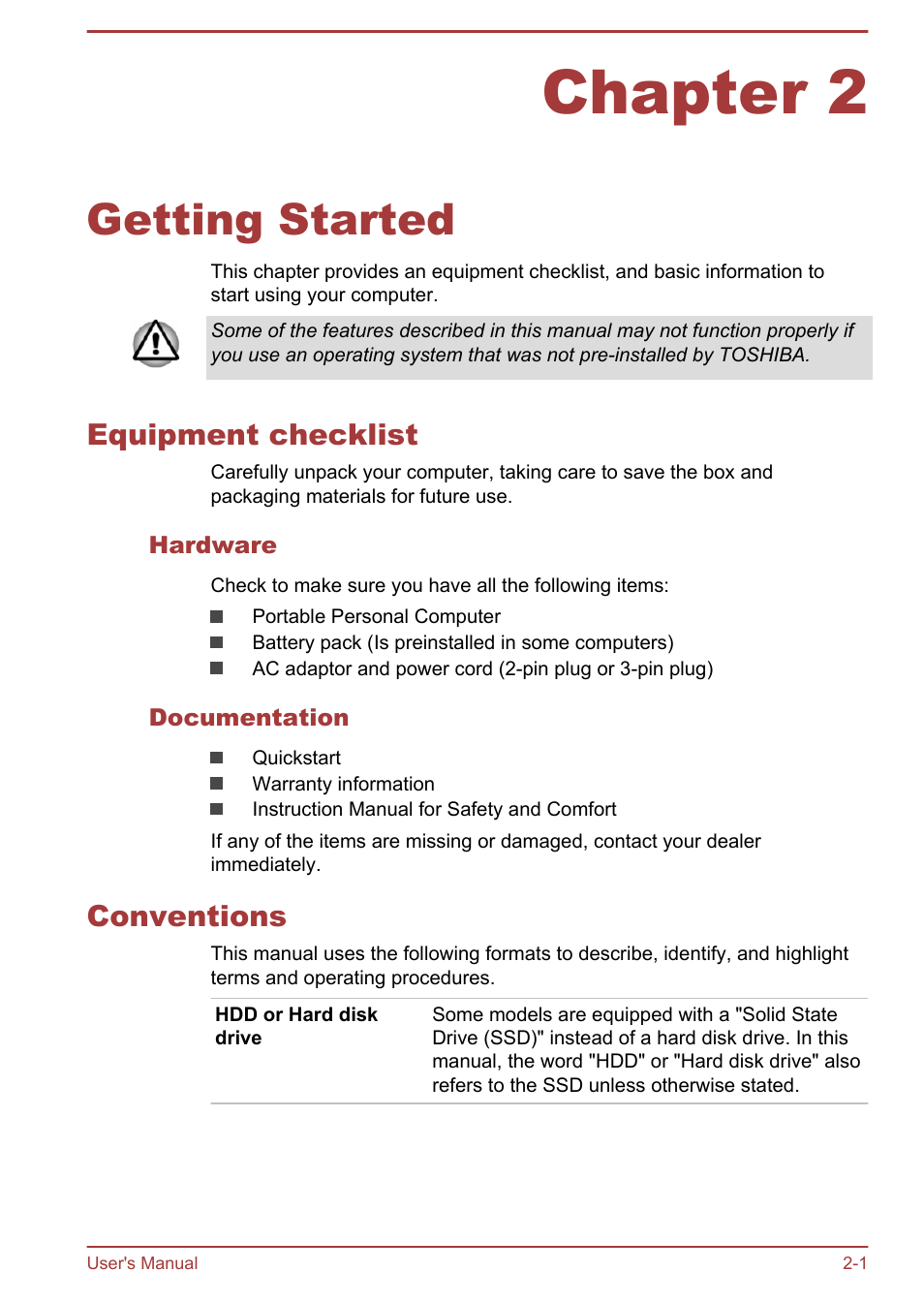 Chapter 2 getting started, Equipment checklist, Hardware | Documentation, Conventions, Chapter 2, Getting started, Equipment checklist -1 conventions -1 | Toshiba Satellite C55-A User Manual | Page 19 / 134