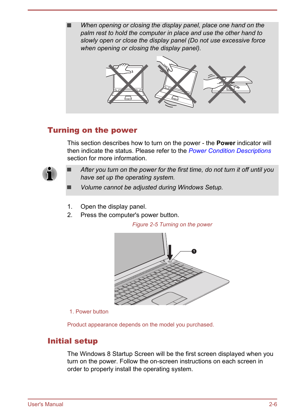 Turning on the power, Initial setup | Toshiba Satellite C55-A User Manual | Page 24 / 134