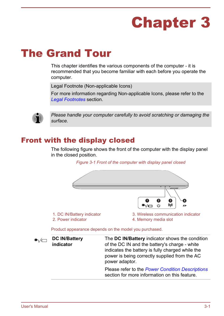 Chapter 3 the grand tour, Front with the display closed, Chapter 3 | The grand tour, Front with the display closed -1 | Toshiba Satellite C55-A User Manual | Page 31 / 134