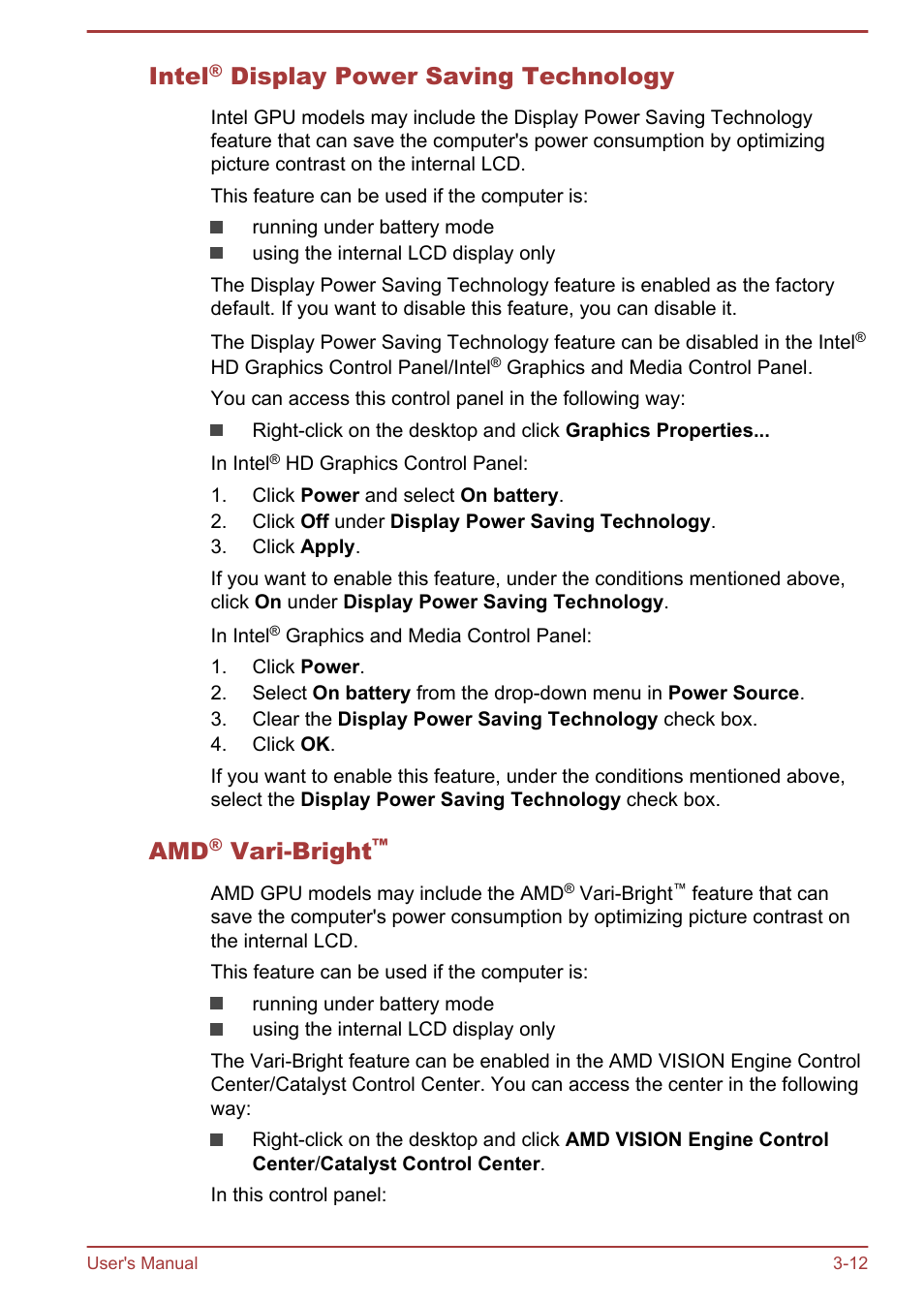 Intel® display power saving technology, Amd® vari-bright, Intel | Display power saving technology, Vari-bright | Toshiba Satellite C55-A User Manual | Page 42 / 134