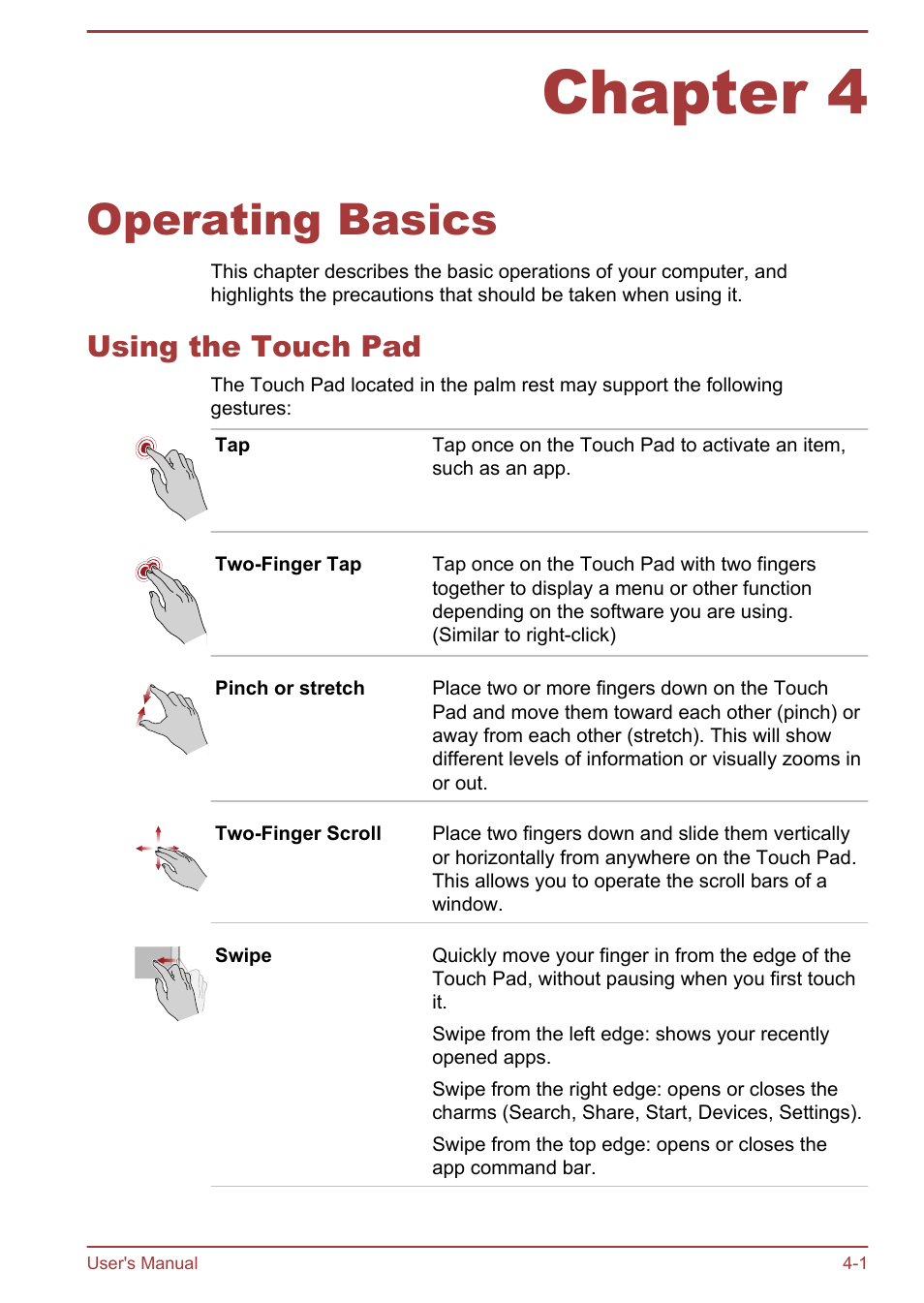 Chapter 4 operating basics, Using the touch pad, Chapter 4 | Operating basics, Using the touch pad -1, Second, 1000base-t). refer to, Operating, Basics, For details | Toshiba Satellite C55-A User Manual | Page 45 / 134