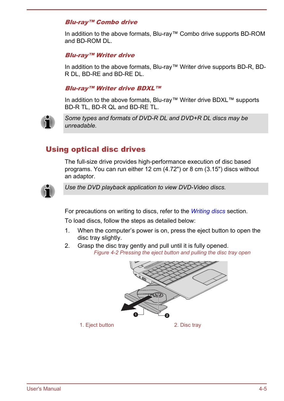 Using optical disc drives | Toshiba Satellite C55-A User Manual | Page 49 / 134