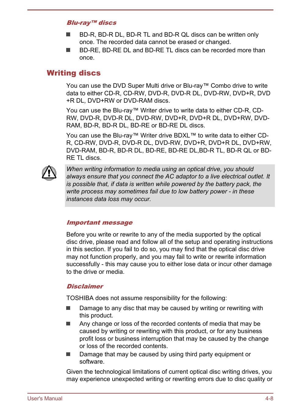 Writing discs | Toshiba Satellite C55-A User Manual | Page 52 / 134