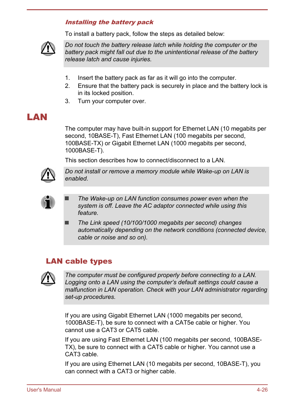 Lan cable types, Lan -26 | Toshiba Satellite C55-A User Manual | Page 70 / 134