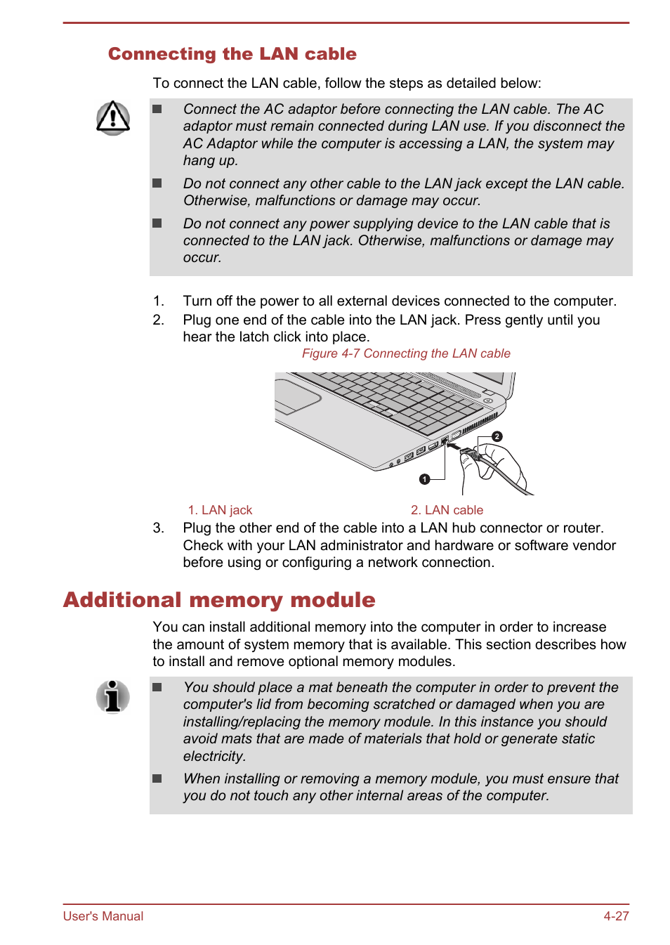 Connecting the lan cable, Additional memory module, Additional memory module -27 | Toshiba Satellite C55-A User Manual | Page 71 / 134
