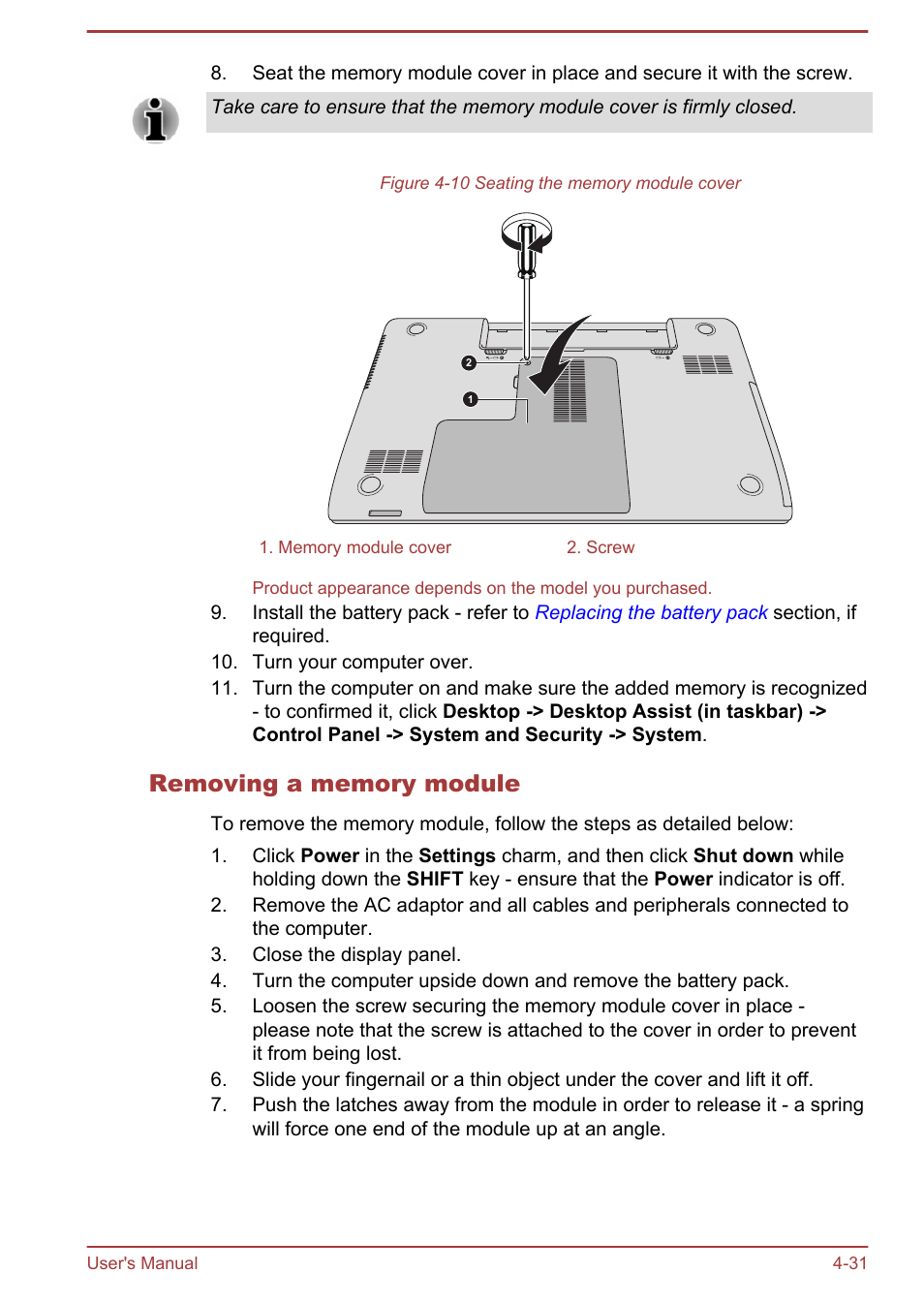 Removing a memory module | Toshiba Satellite C55-A User Manual | Page 75 / 134