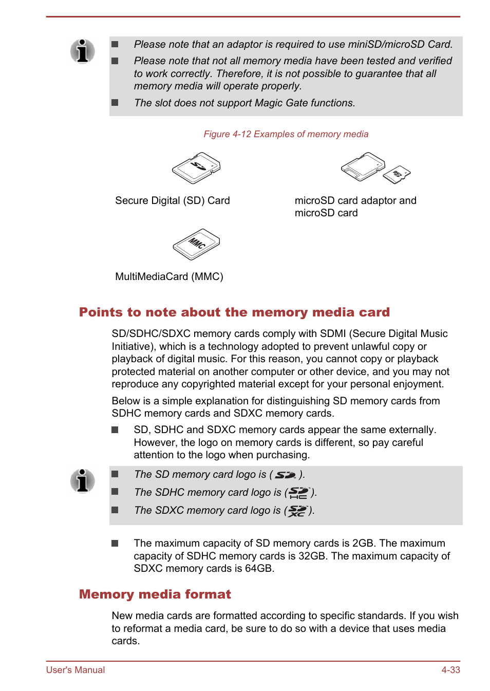 Points to note about the memory media card, Memory media format | Toshiba Satellite C55-A User Manual | Page 77 / 134