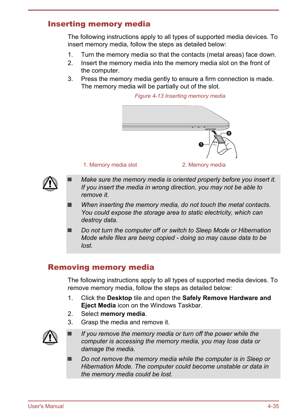 Inserting memory media, Removing memory media | Toshiba Satellite C55-A User Manual | Page 79 / 134