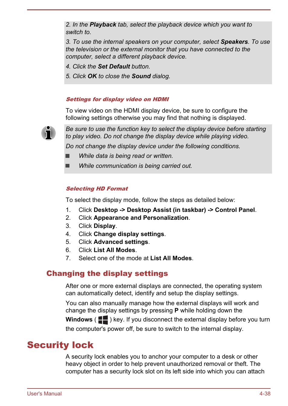 Changing the display settings, Security lock, Security lock -38 | Toshiba Satellite C55-A User Manual | Page 82 / 134