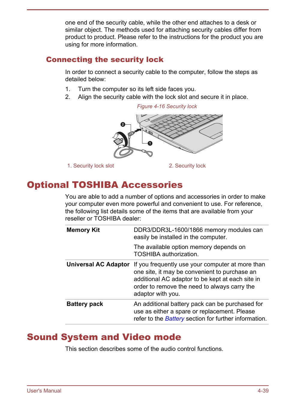 Connecting the security lock, Optional toshiba accessories, Sound system and video mode | To the | Toshiba Satellite C55-A User Manual | Page 83 / 134