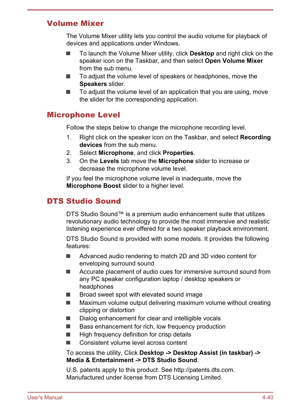 Volume mixer, Microphone level, Dts studio sound | Toshiba Satellite C55-A User Manual | Page 84 / 134