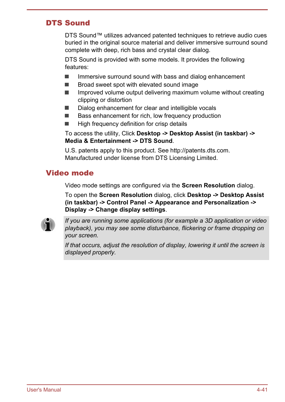 Dts sound, Video mode | Toshiba Satellite C55-A User Manual | Page 85 / 134