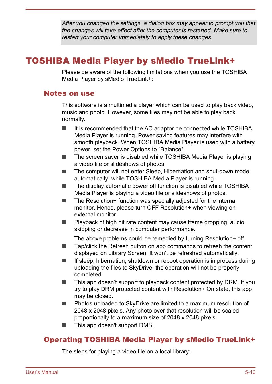 Toshiba media player by smedio truelink, Notes on use, Operating toshiba media player by smedio truelink | Toshiba media player by smedio truelink+ -10 | Toshiba Satellite C55-A User Manual | Page 95 / 134