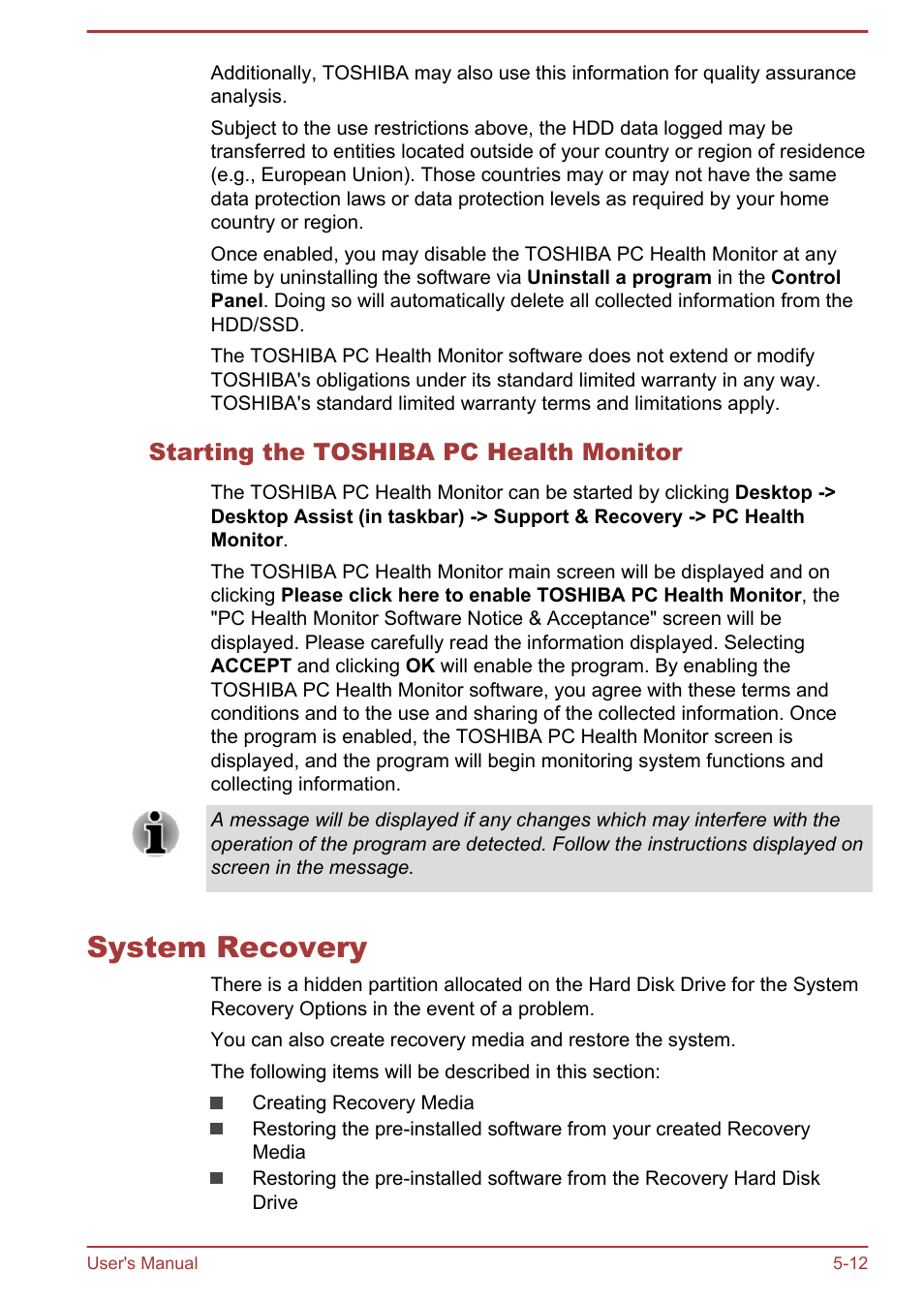 Starting the toshiba pc health monitor, System recovery, System recovery -12 | Toshiba Satellite C55-A User Manual | Page 97 / 134