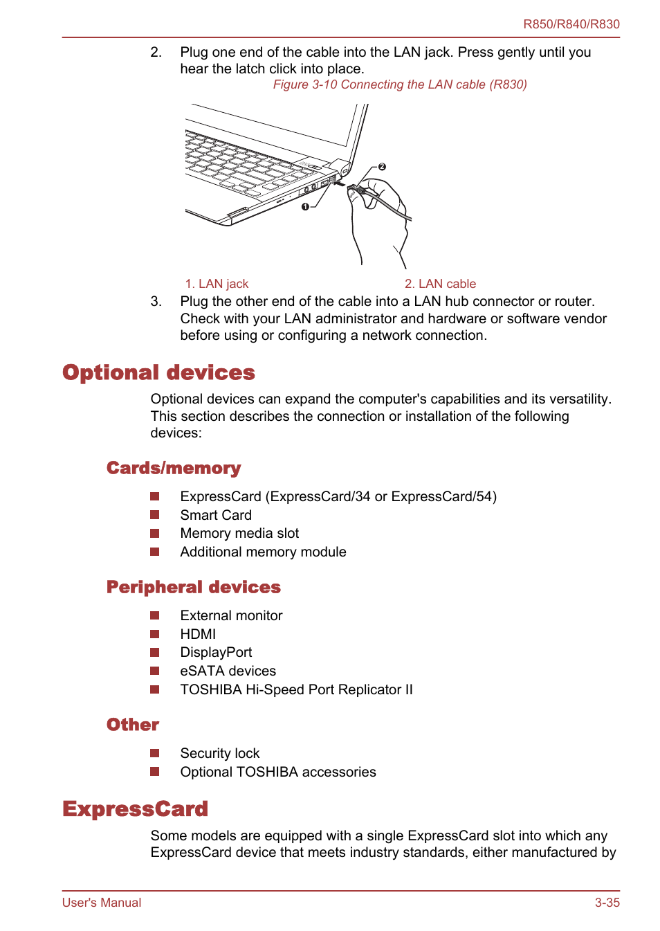 Optional devices, Cards/memory, Peripheral devices | Other, Expresscard, Optional devices -35 expresscard -35 | Toshiba Satellite R830 User Manual | Page 100 / 212