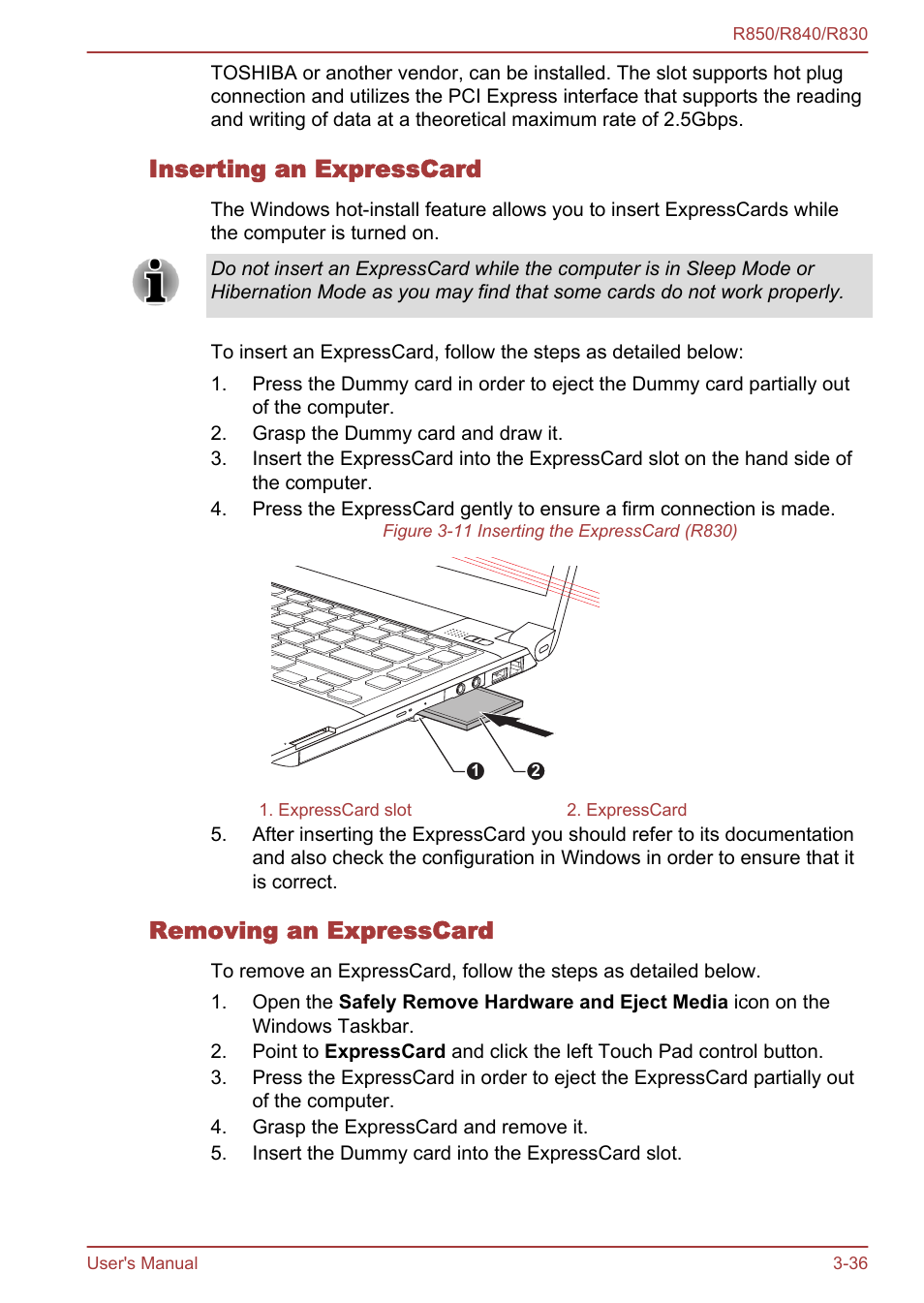 Inserting an expresscard, Removing an expresscard | Toshiba Satellite R830 User Manual | Page 101 / 212