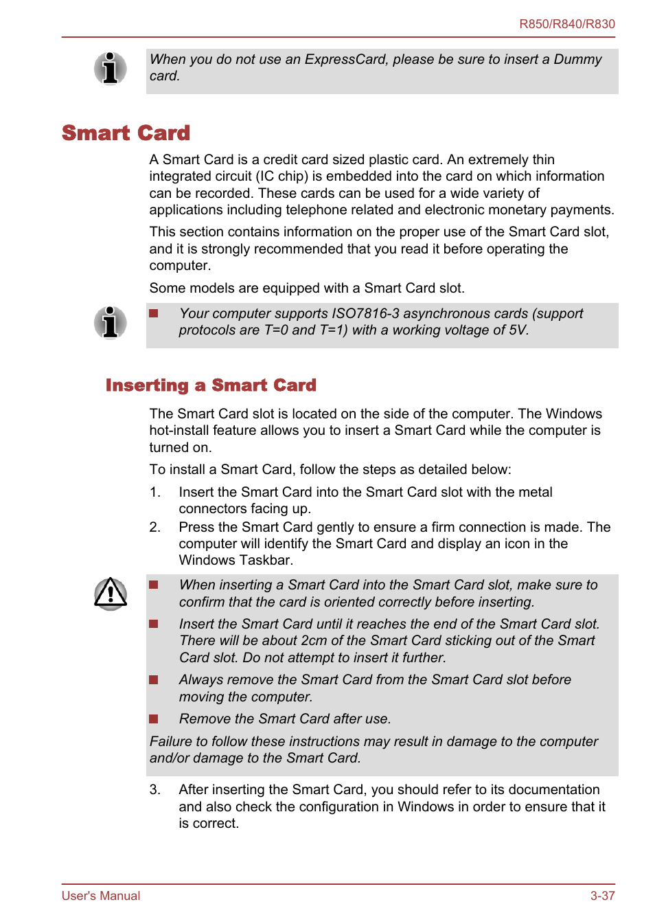Smart card, Inserting a smart card, Smart card -37 | Toshiba Satellite R830 User Manual | Page 102 / 212