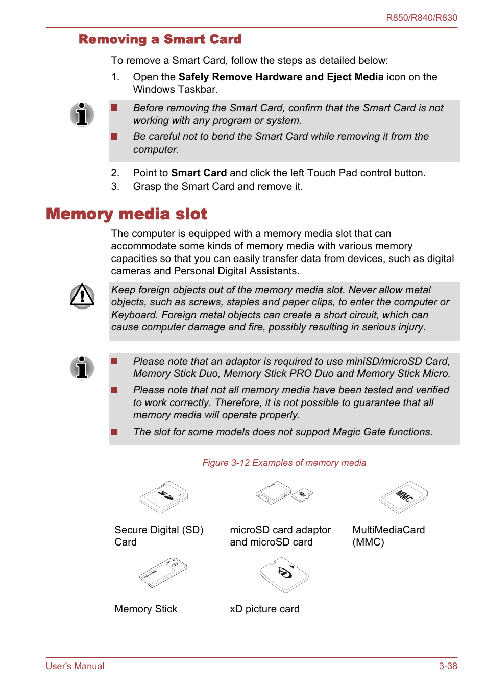 Removing a smart card, Memory media slot, Memory media slot -38 | Toshiba Satellite R830 User Manual | Page 103 / 212