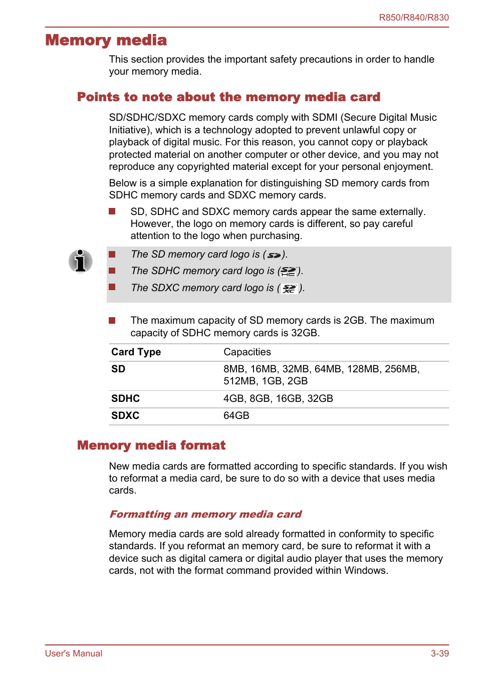 Memory media, Points to note about the memory media card, Memory media format | Memory media -39 | Toshiba Satellite R830 User Manual | Page 104 / 212