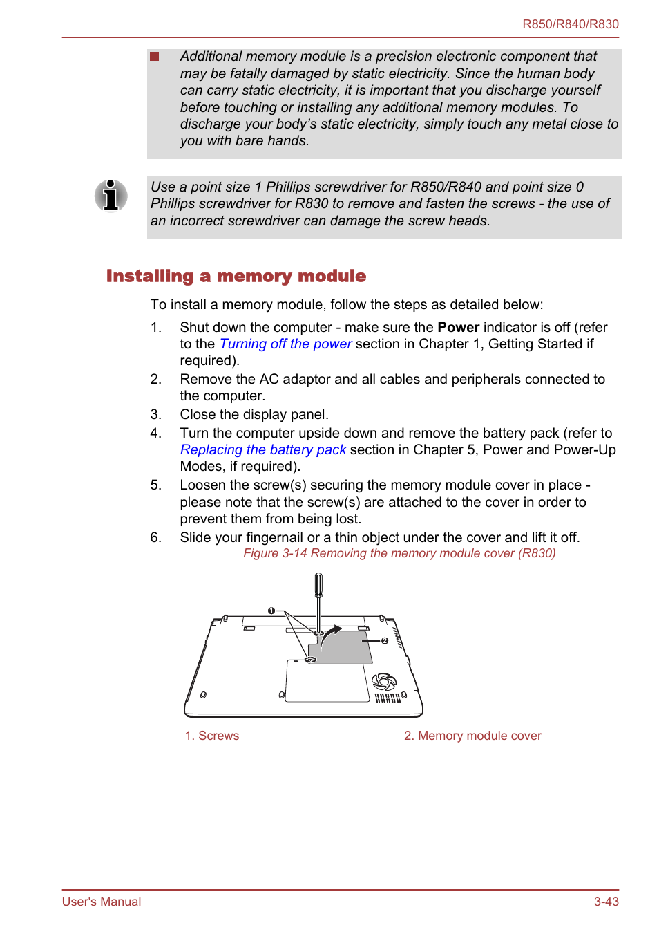 Installing a memory module | Toshiba Satellite R830 User Manual | Page 108 / 212