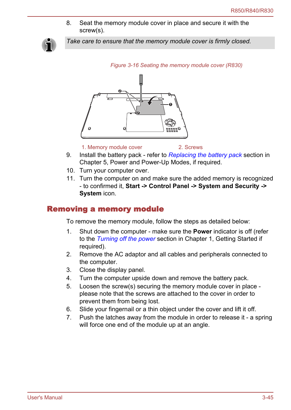 Removing a memory module | Toshiba Satellite R830 User Manual | Page 110 / 212