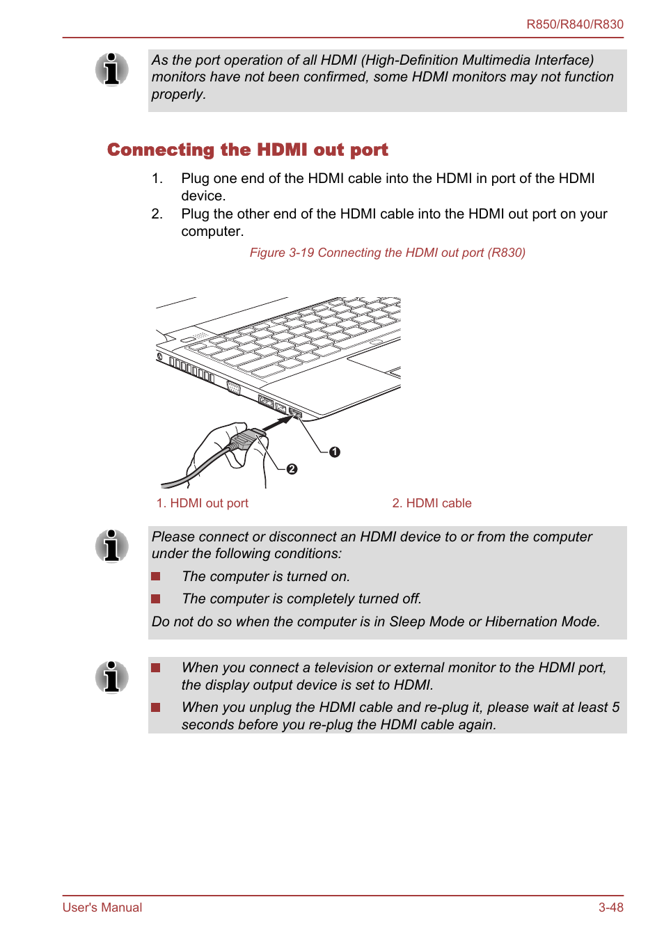 Connecting the hdmi out port | Toshiba Satellite R830 User Manual | Page 113 / 212