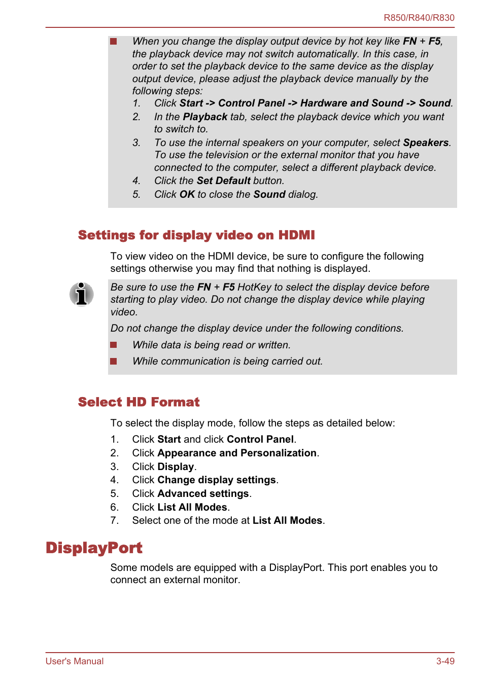 Settings for display video on hdmi, Select hd format, Displayport | Displayport -49 | Toshiba Satellite R830 User Manual | Page 114 / 212