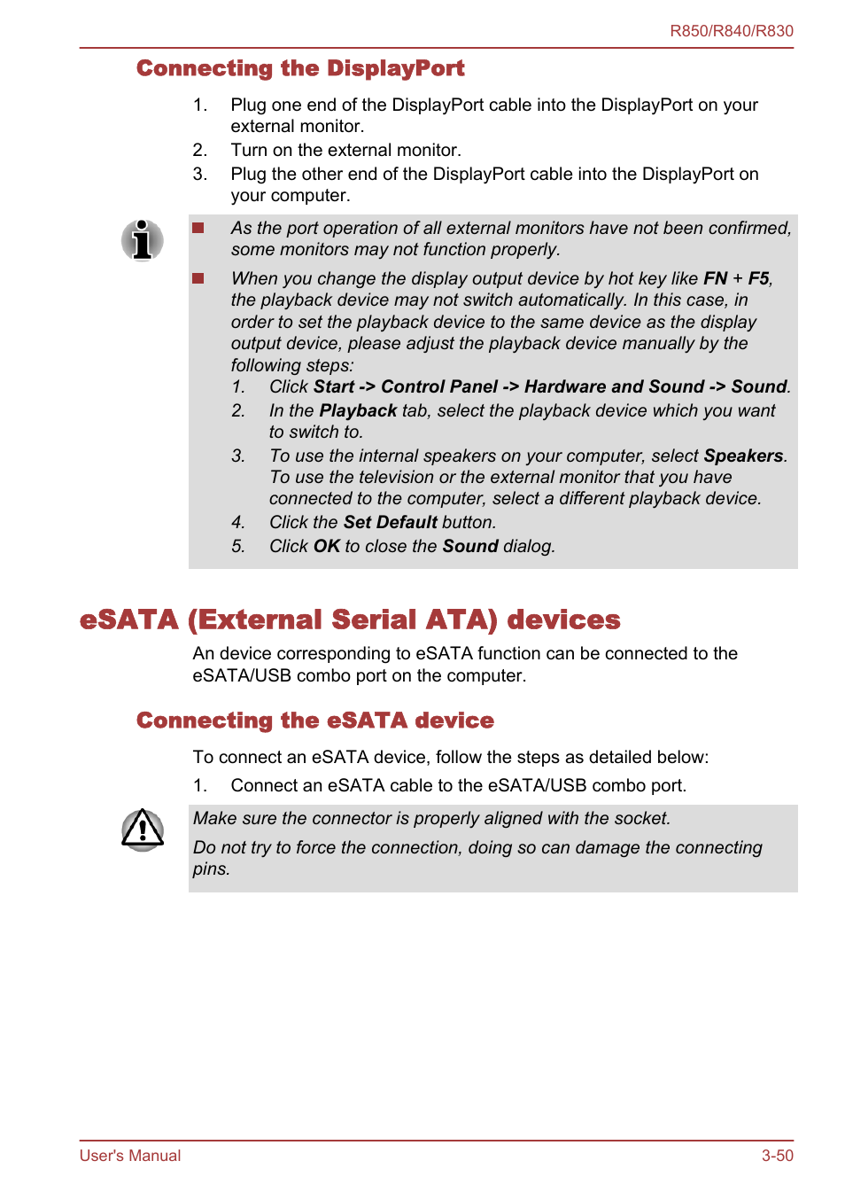 Connecting the displayport, Esata (external serial ata) devices, Connecting the esata device | Esata (external serial ata) devices -50 | Toshiba Satellite R830 User Manual | Page 115 / 212