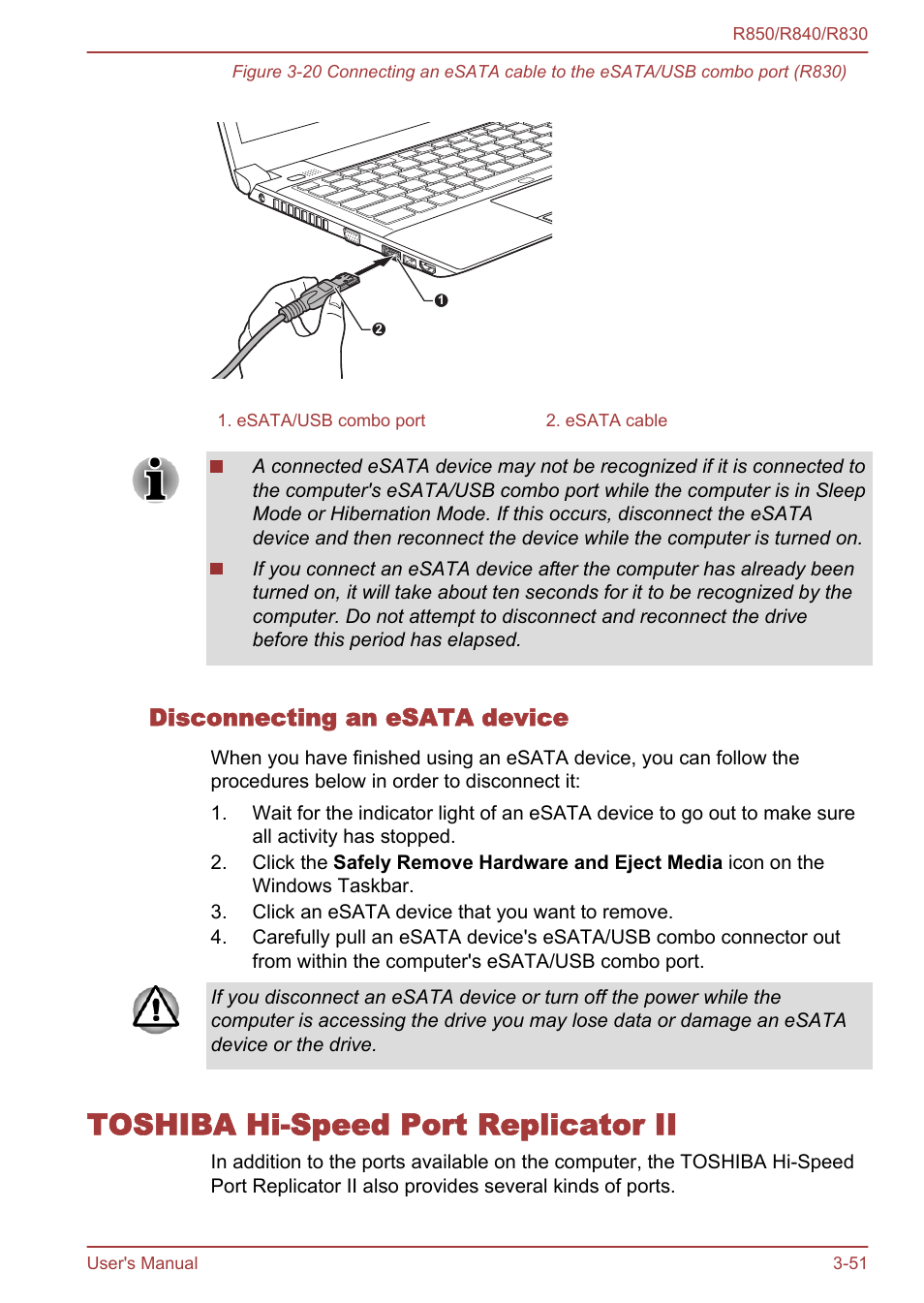 Disconnecting an esata device, Toshiba hi-speed port replicator ii, Toshiba hi-speed port replicator ii -51 | Toshiba Satellite R830 User Manual | Page 116 / 212