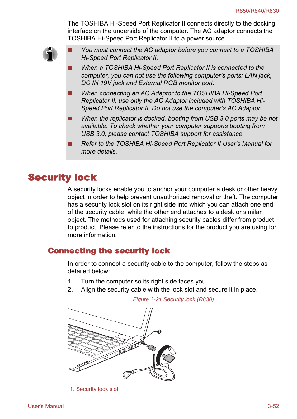 Security lock, Connecting the security lock, Security lock -52 | Toshiba Satellite R830 User Manual | Page 117 / 212