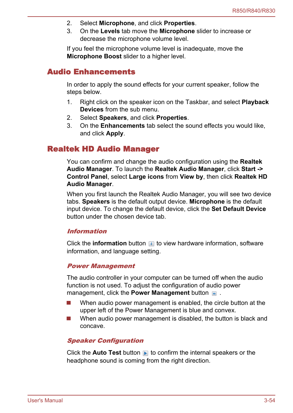 Audio enhancements, Realtek hd audio manager | Toshiba Satellite R830 User Manual | Page 119 / 212