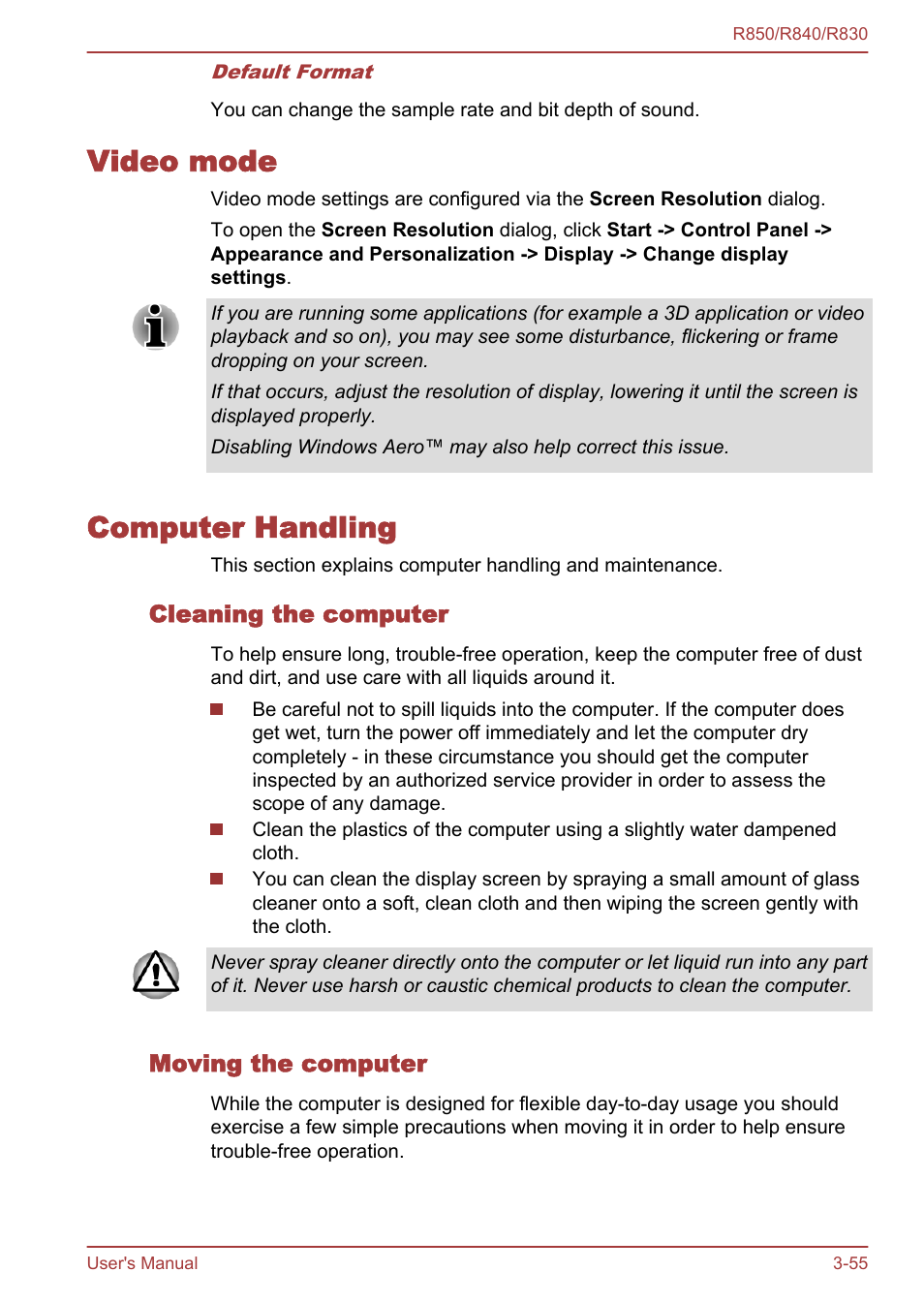 Video mode, Computer handling, Cleaning the computer | Moving the computer, Video mode -55 computer handling -55 | Toshiba Satellite R830 User Manual | Page 120 / 212