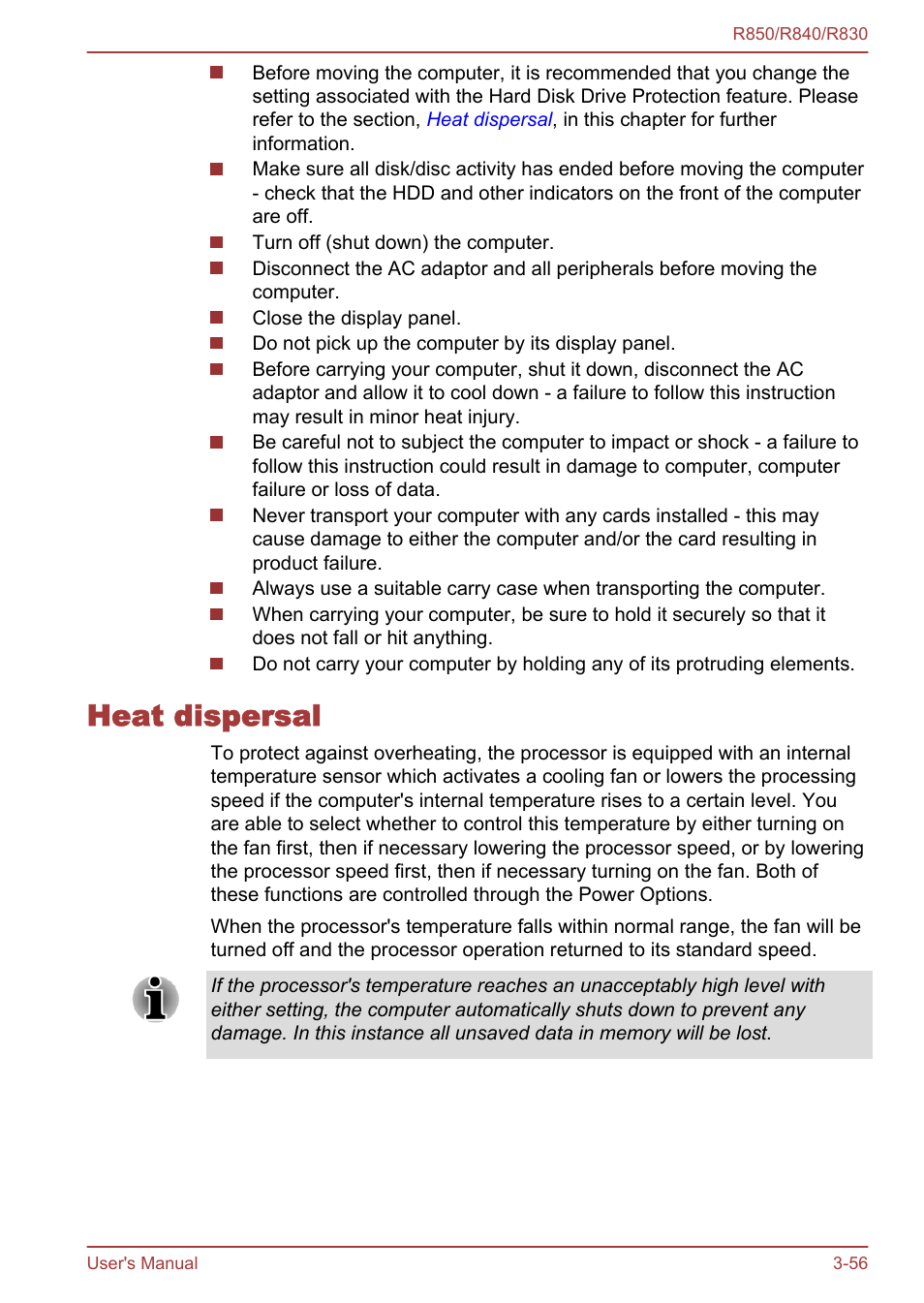 Heat dispersal, Heat dispersal -56 | Toshiba Satellite R830 User Manual | Page 121 / 212